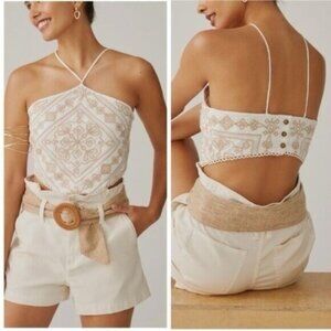 New Anthropologie Boho Embroidered Top Neutral Coastal Festival Beachy Halter